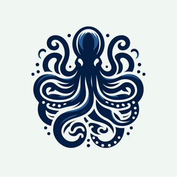 A stylized, dark blue octopus with swirling tentacles and small dots arranged in a circular pattern.