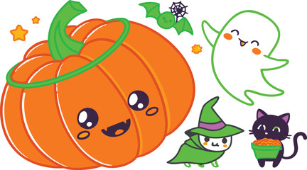 Naklejka premium Cute halloween collection featuring a smiling orange pumpkin, a white ghost, a green witch cat, and a small bat with a web on a white background