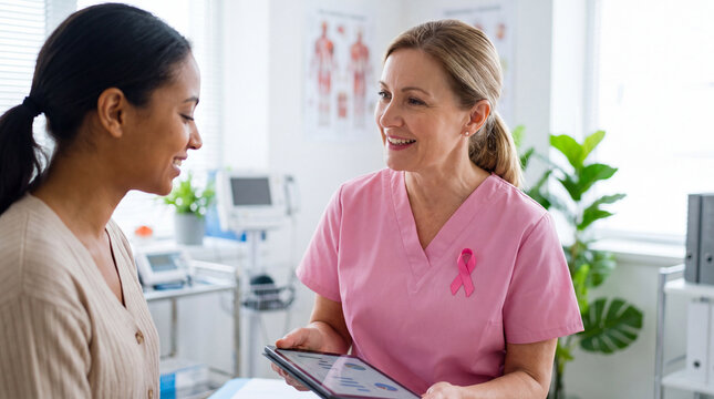 Breast Cancer Awareness Month features a doctor explaining chart to patient for healthcare poster