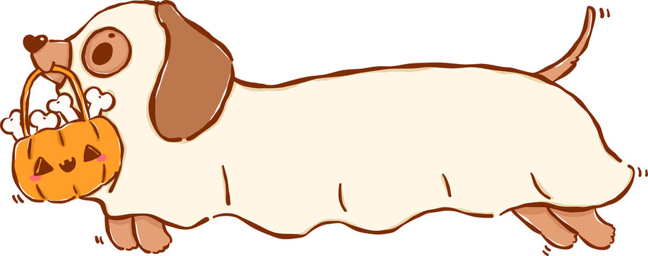 Cute Halloween Dachshund Ghost Sausage Dog Floating Cartoon Hand Drawn Illustration