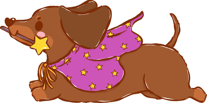 Cute Halloween Dachshund Witch Sausage Dog witch Magic Wand Cartoon Hand Drawn Illustration