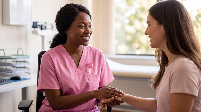 Breast Cancer Awareness Month features a doctor comforting young patient in clinic for hope banner