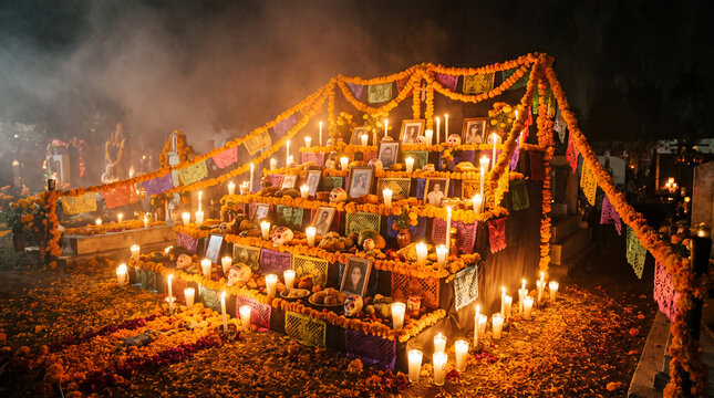 Glowing Day of the Dead ofrenda altar at night surrounded by marigolds and candles is a magical Dia de los Muertos scene for wallpapers