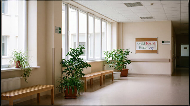 Bright clean hospital corridor with natural light and green plants is a calm World Mental Health Day healing background for banners