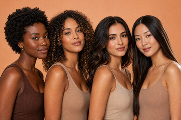 Obraz premium Four women with different hair textures and skin tones standing together against a warm orange studio background
