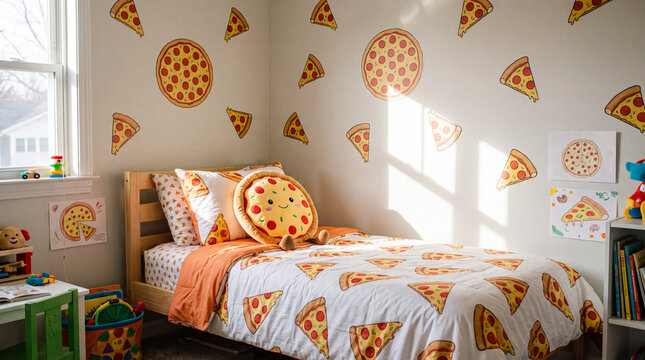 Children's bedroom with pizza-themed bedding, plush toy and wall decals is a cheerful National Pizza Month room for wallpapers