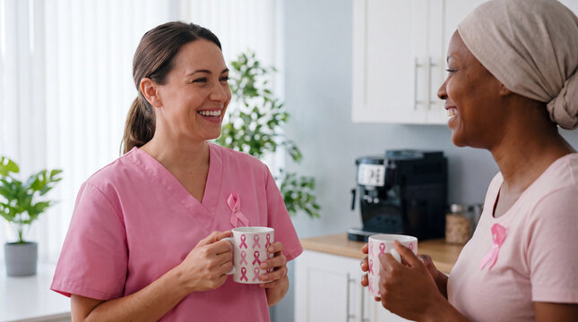 Breast Cancer Awareness Month features a nurse and patient sharing pink ribbon mugs for poster