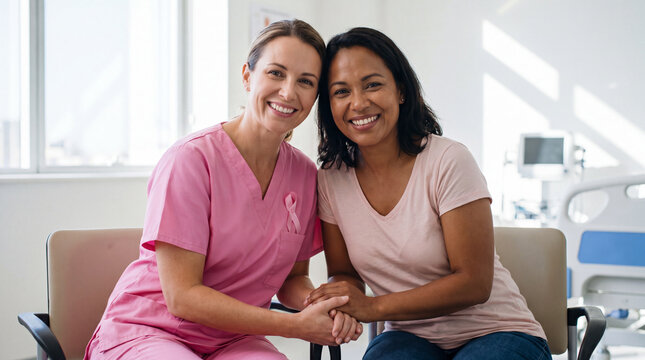 Breast Cancer Awareness Month features a doctor and patient smiling at camera for hope banner