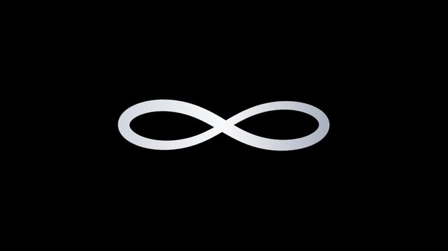 Infinity symbol rendered as a smooth white glowing metallic loop stands isolated in the center against a solid pure black background, symbolizing eternity, endless possibilities, and mathematics.