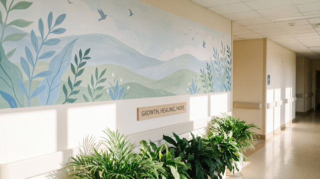 Hospital corridor with a calming mural and a hope-themed sign is an uplifting World Mental Health Day healing environment for designs