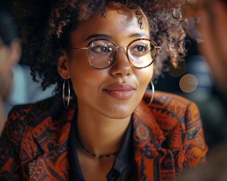 Dynamic close up of a woman confidently leading a business meeting highlighting the theme Invest in Women for International Womens Day