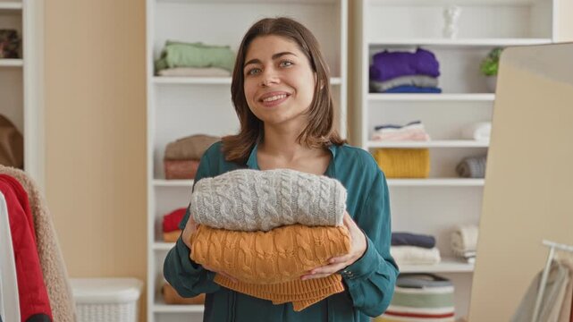 Woman holding folded sweaters to chest in closet with shelves and mirror, hands visible and offering the stack; contentment.
