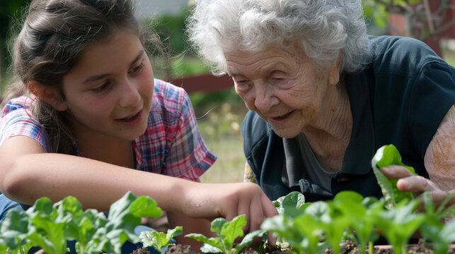A senior woman sharing gardening tips with a young neighbor, with a close-up on their hands planting seeds, representing the growth of knowledge