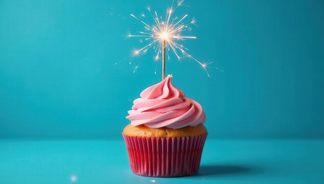 Single sparkler atop a cupcake, blue wall background, image, spark