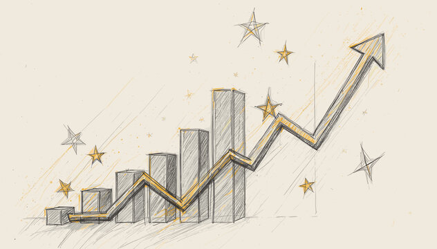 A hand-drawn sketch of a bar chart with an upward trending line graph and stars, symbolizing growth and success.