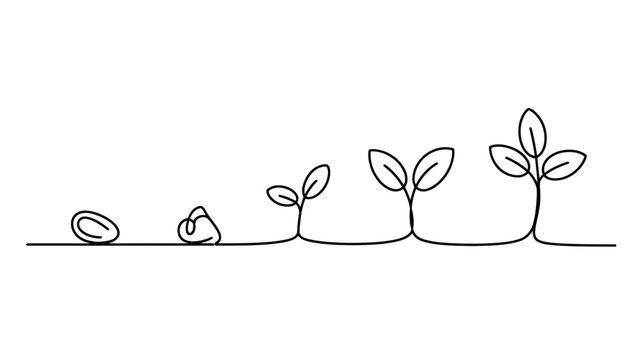 Continuous one line drawing of seed growth process progression from seed to sprouting plant leaf concept vector illustration isolated
