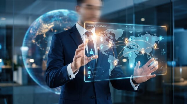 Businessman interacting with futuristic global recruitment interface showing world map and connection lines, human resources management, international hiring and talent