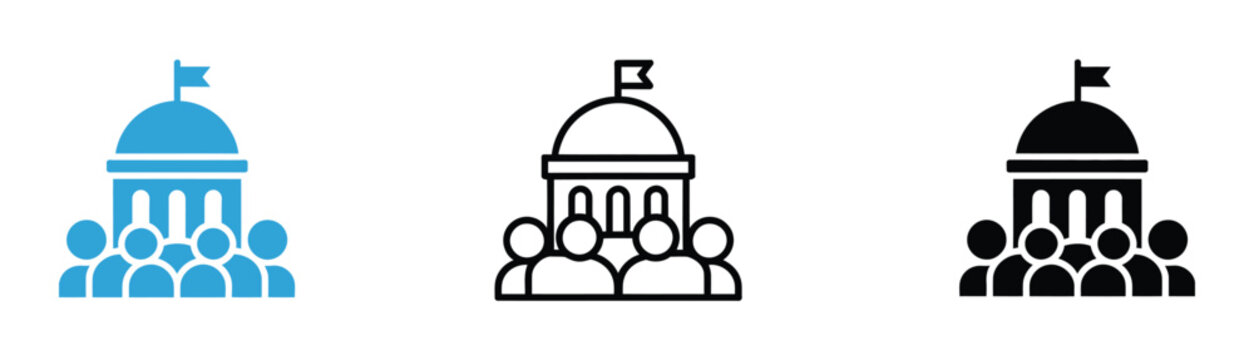 Government building icon with people set for democracy, public administration, parliament assembly, civic engagement, and politics, featuring a domed capitol building with a flag above a crowd.