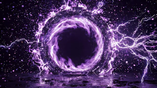High-tech mechanical stargate portal ring charging up with intense purple electrical energy and floating particle debris. Great for space travel and sci-fi scenes.