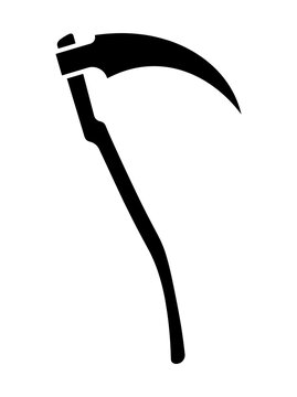 Black silhouette of a scythe against a plain background  