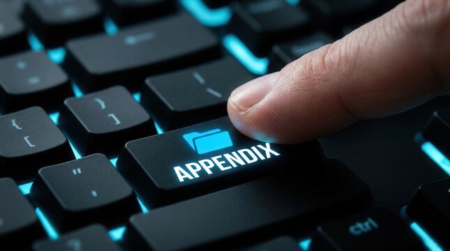 A finger presses an illuminated keyboard key with a folder icon and APPENDIX text for data management.