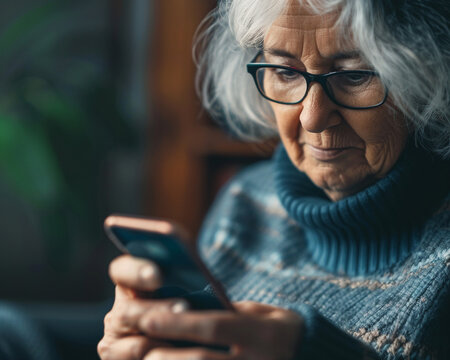 A senior woman checking her retirement account balance on a mobile phone with a close up on her hand holding the phone and the screen illustrating modern financial tracking