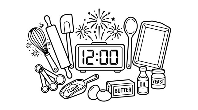 Baking ingredients and tools arranged around a digital timer displaying 12:00, with fireworks above