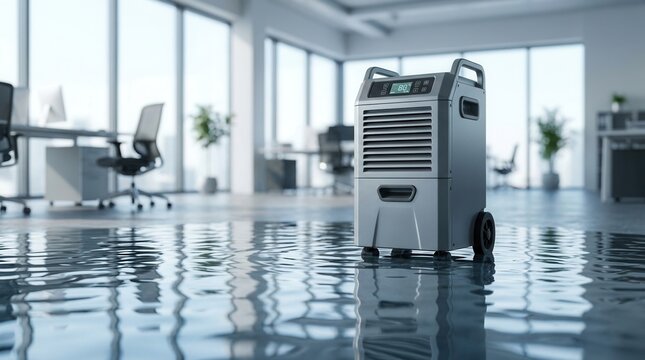 A professional dehumidifier machine sits on a flooded floor in a modern office building.