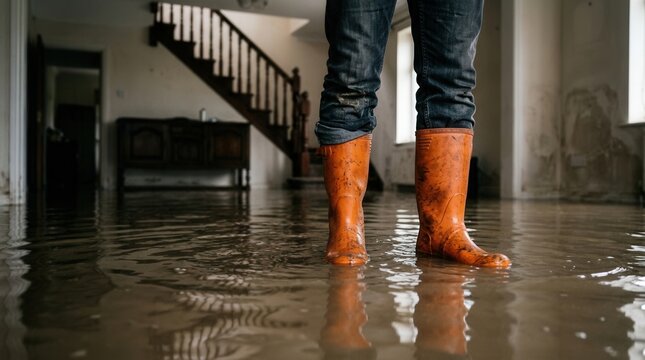 A person wearing orange boots stands in murky floodwater inside a house.