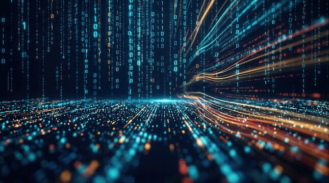 Abstract digital background featuring binary code and AI algorithms.