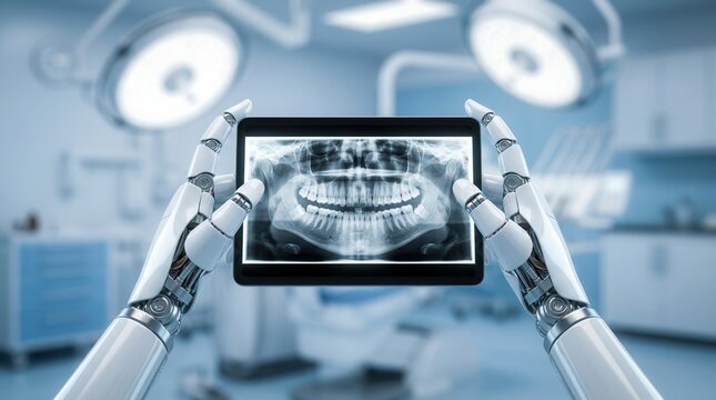 AI robot hands holding a digital tablet displaying a dental x-ray teeth tomography.