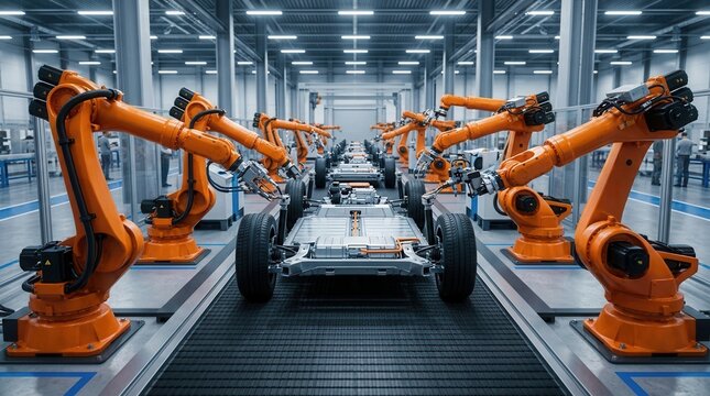Automated robot assembly line installing an EV car battery on an undercarriage platform.