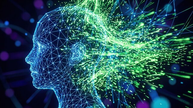 Blue wireframe human head exploding into green light particles for technology and data concepts.