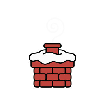 Red brick chimney covered in snow with white smoke rising