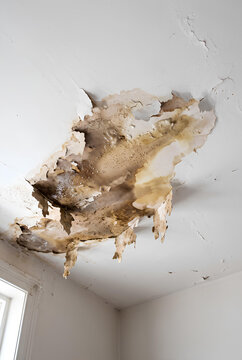 Water stain spreading across a white ceiling with peeling paint edges