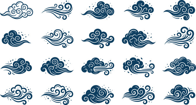 Stylized dark blue cloud and wind motifs in traditional East Asian decorative line art pattern collection for design use