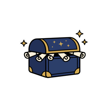 Blue magical treasure chest filled with ancient paper scrolls