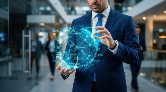 Businessman interacting with machine learning algorithms and big data processing visualization.
