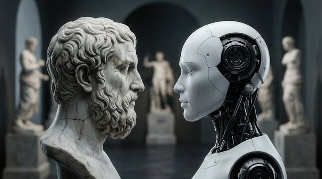 Classical Greek sculpture meets a futuristic android statue in an old vs new art dialogue.