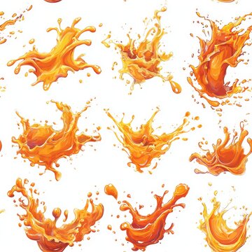 Cartoon vector set of drink splashes, orange and berry juice bursting in dynamic forms, liquid wave patterns with bright vivid gradients and juicy motion shapes