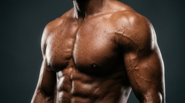 Close-up of glistening sweat on the skin of a muscular man's shoulder and chest.