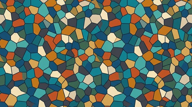 Seamless geometric Voronoi mosaic pattern in vibrant blue orange and teal abstract design