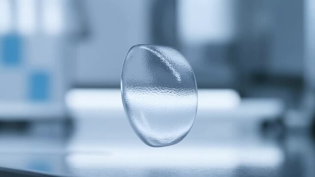 Close-up macro shot of a contact lens, a clear transparent medical device for vision correction floating in a laboratory setting