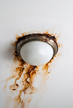 Rust stains bleeding from a ceiling light fixture onto white paint
