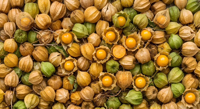 Pile of fresh physalis golden berries with dry husks and open fruit revealing shiny orange berries forming a full frame pattern background