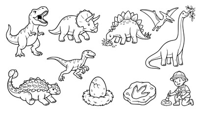 Cute Prehistoric Dinosaur Coloring Page Line Art Vector Set © MD