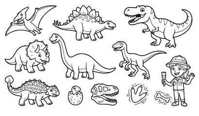 Cute Dinosaur Black White Line Art Vector Collection with Paleontologist © MD