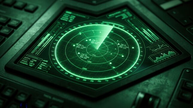 Digital circular radar display with submarine sonar scanner interface.