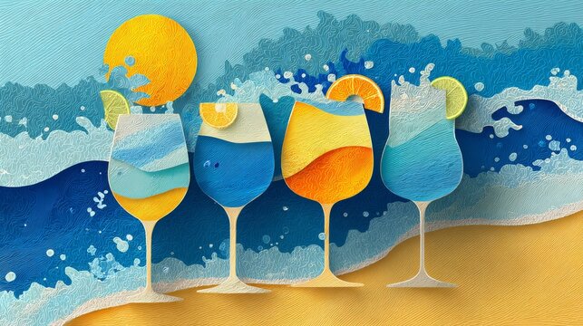 Vibrant background with cocktails shaped like beach landscapes, horizon of ocean waves and sandy coast blending into glassware, festive creative summer sale design