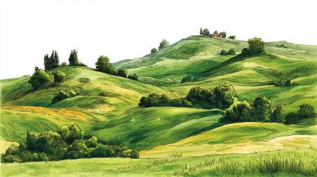 Vector sketch illustration of rolling green grass fields on small hills, rural countryside panorama with meadow and pasturage in delicate watercolor strokes